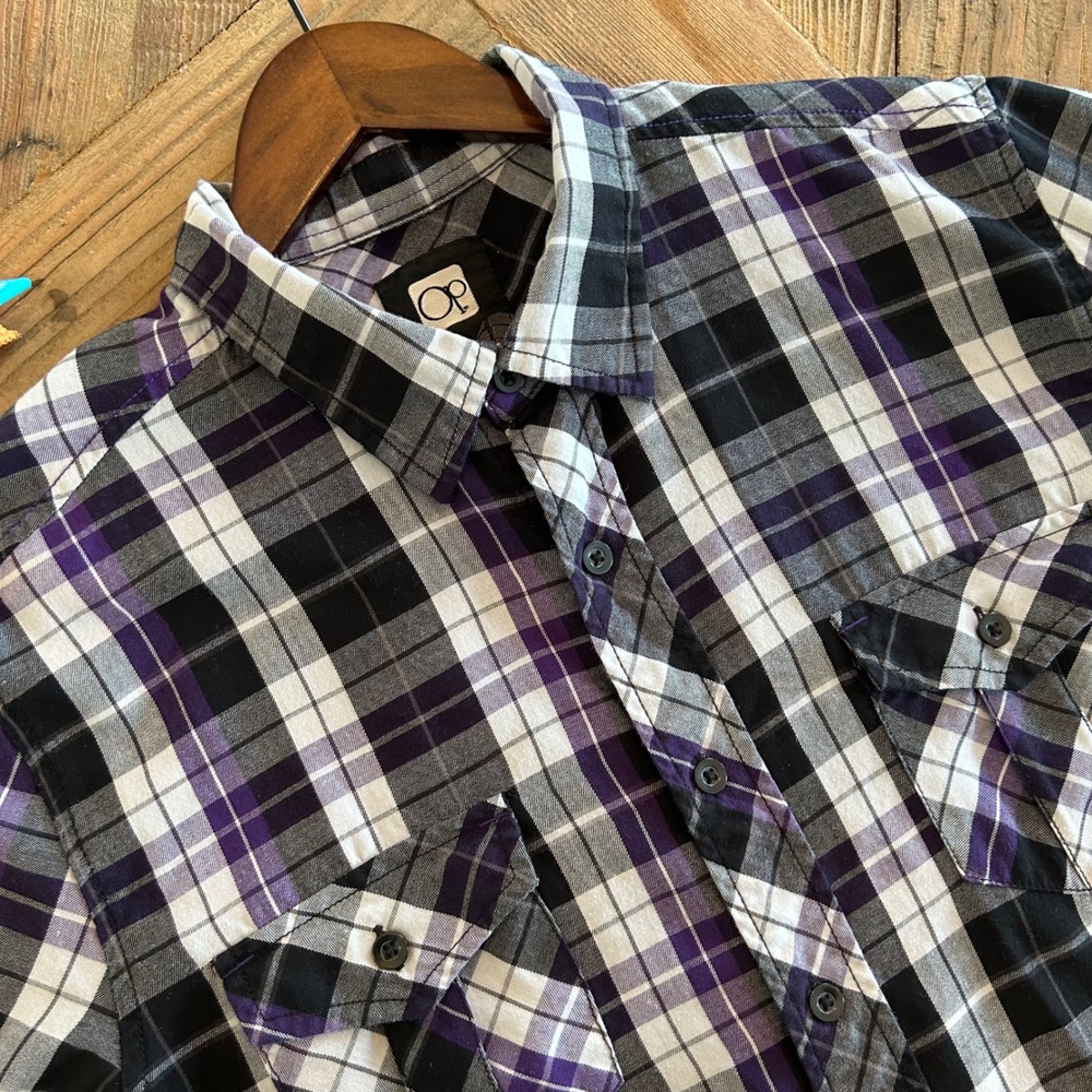 Ocean Pacific OP Mens L G Plaid Button Down Shirt Long Sleeve Purple Black White